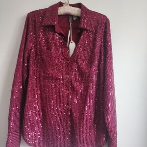 Anthropologie Fuschia Sequin Button-Down Shirt